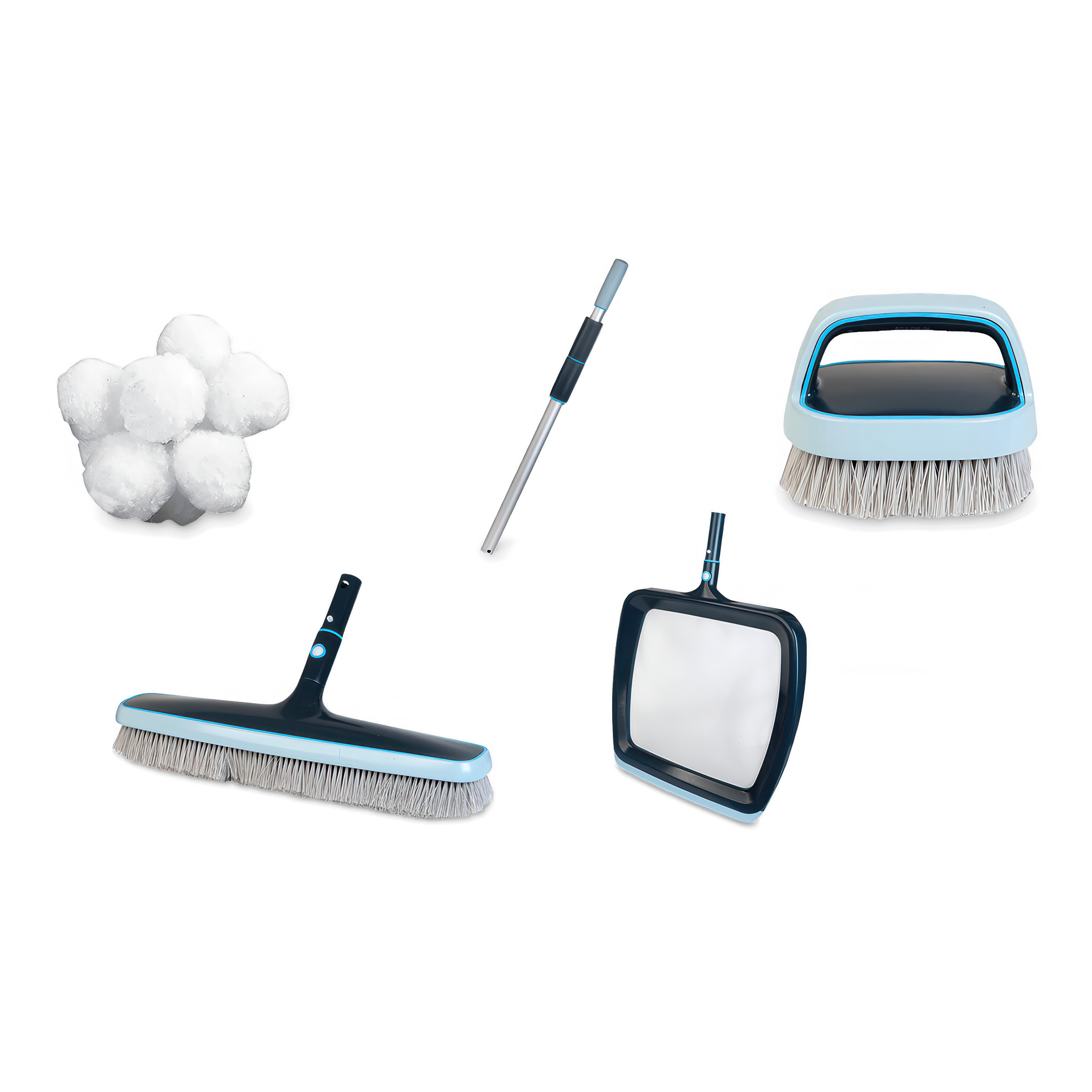 zestaw narzędzi do czyszczenia basenu, w skład którego wchodzą: duża szczotka, ręczna szczotka, teleskopowy kij, siatka oraz kule filtrujące