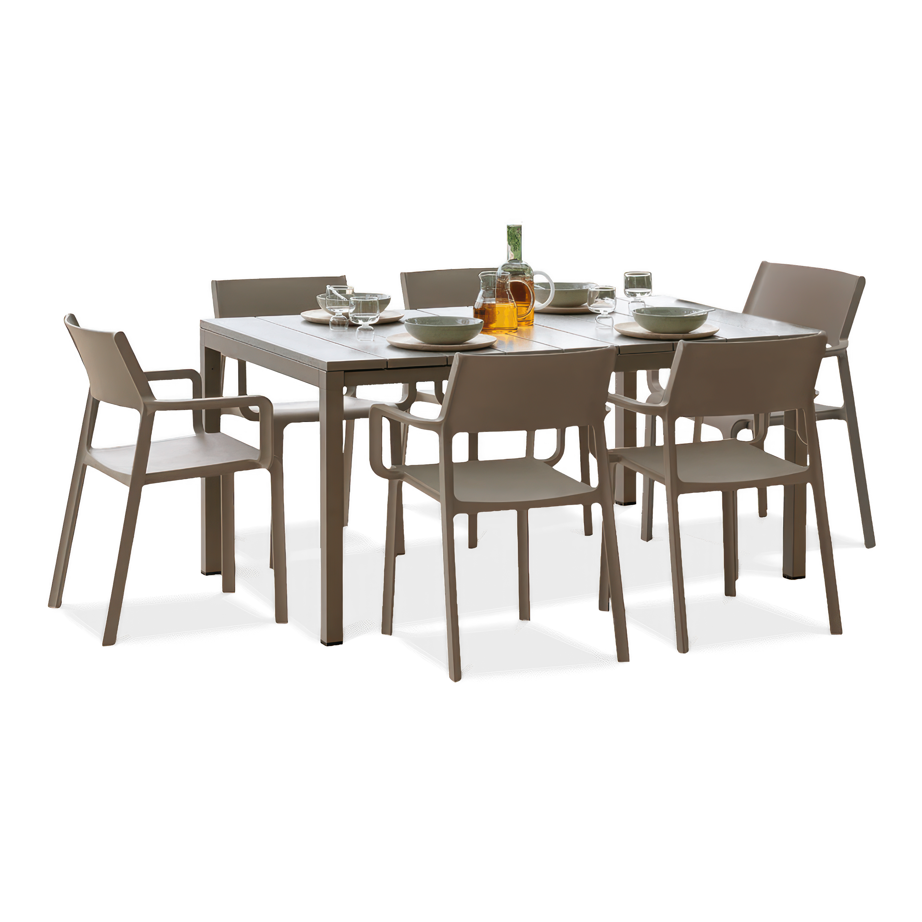 zestaw brązowych mebli jadalnianych, krzeseł oraz stołu