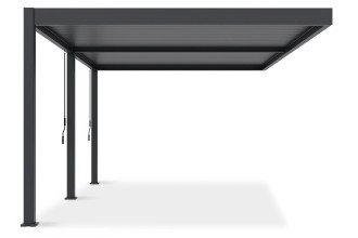Boczne ujęcie pergoli tarasowej DELUXE WALL 3.6x5.3 w kolorze antracytowym na białym tle.