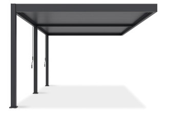Boczne ujęcie pergoli tarasowej DELUXE WALL 3.6x6, ukazujące detale konstrukcji.