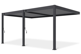 Widok pergoli tarasowej DELUXE WALL 3.6x5.3 w kolorze antracytowym z boku, na neutralnym tle.