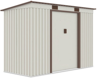 Widok z boku metalowego domku narzędziowego OREGON o wymiarach 261x121cm