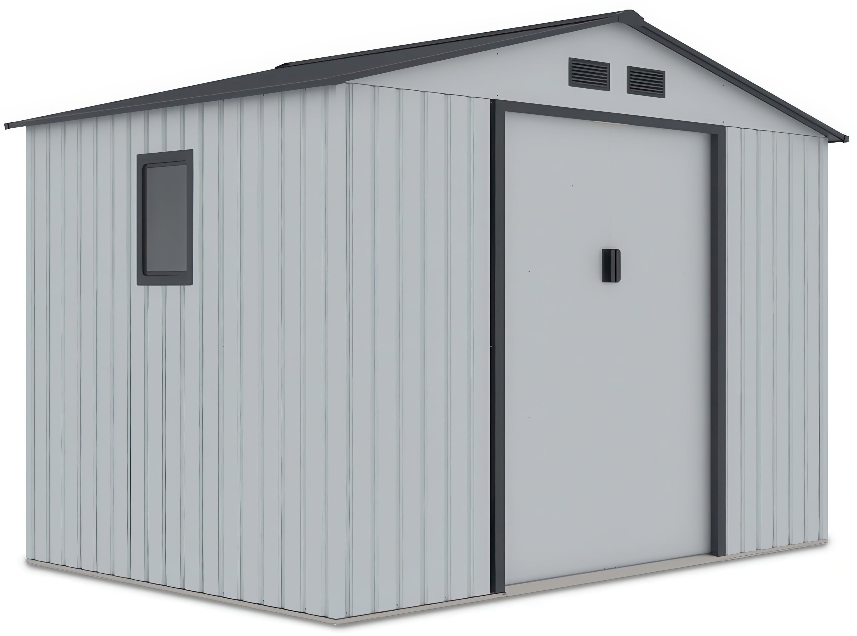 Widok na boczną ścianę z oknem domku na narzędzia HUDSON 277x191cm Light Grey