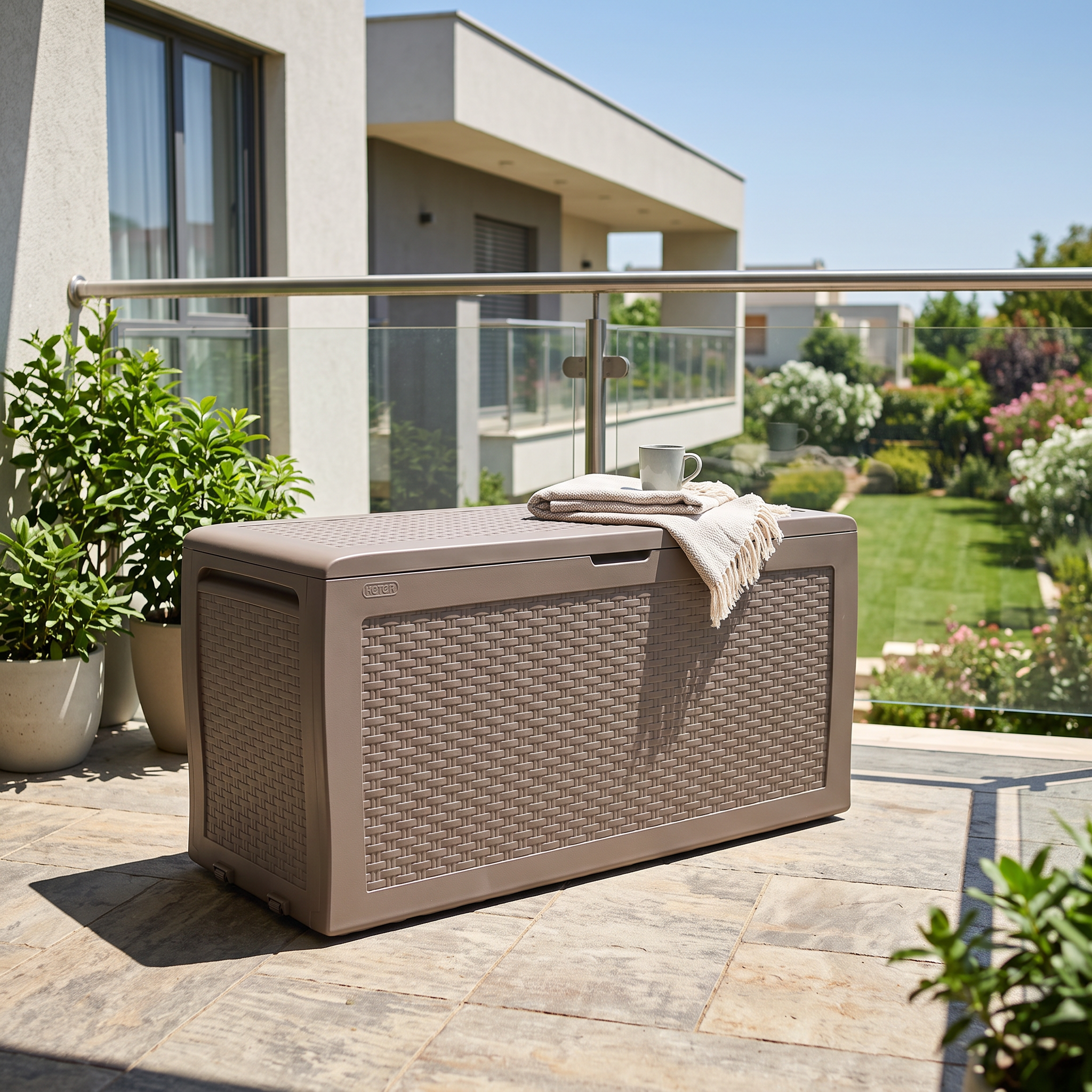 Skrzynia balkonowa Keter SAMOA RATTAN BOX 270L Cappuccino — aranżacja