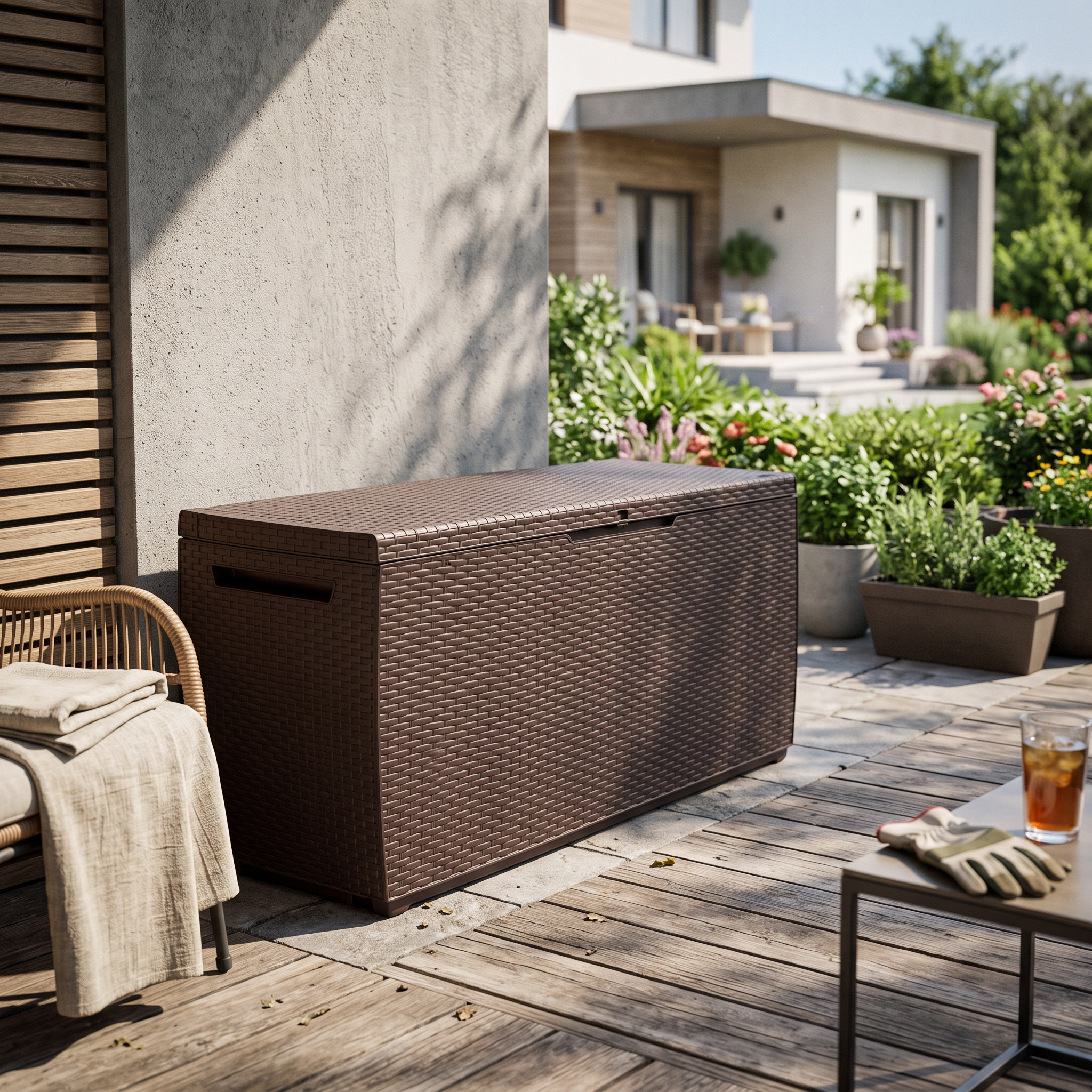 Skrzynia na balkon Keter CAPRI RATTAN BOX 305L Brown — aranżacja
