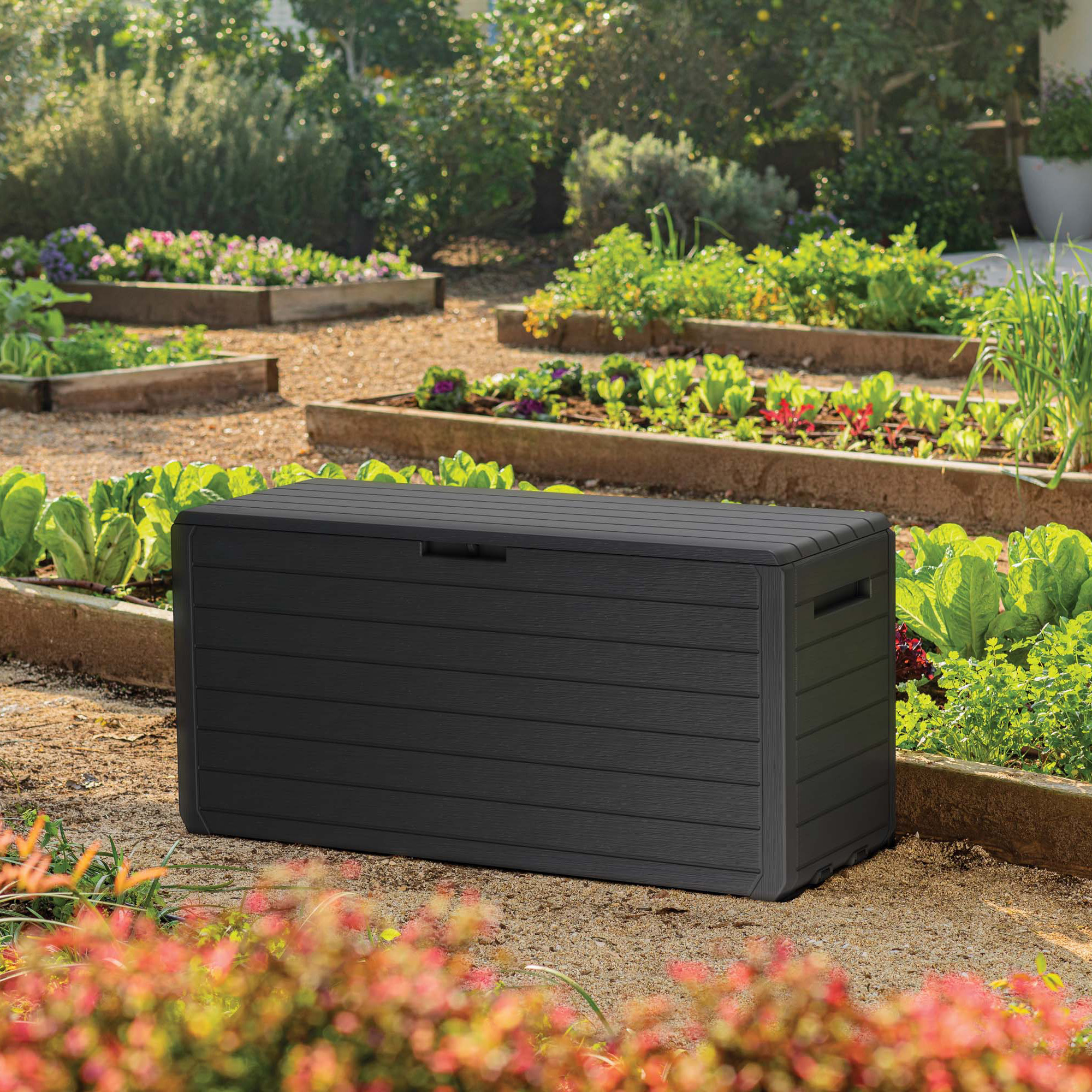 Skrzynia ogrodowa grafitowa 270L na narzędzia ustawiona między grządkami w ogrodzie