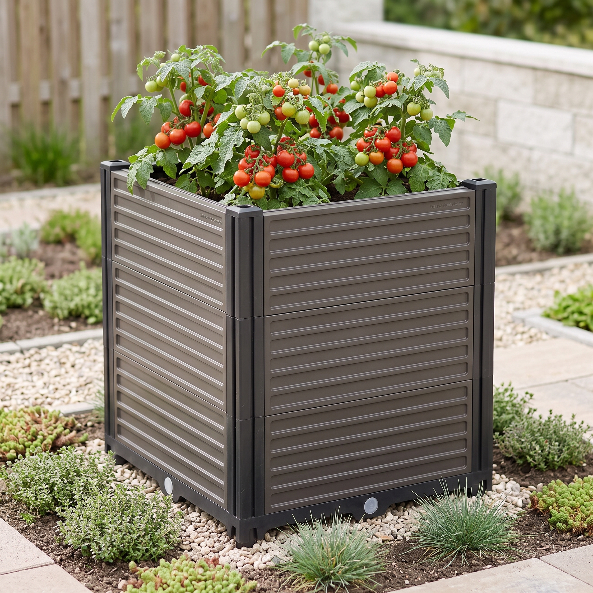 Widok od boku na pojemną i wysoką skrzynię uprawową GROW BOX PLUS S od marki Cultivo
