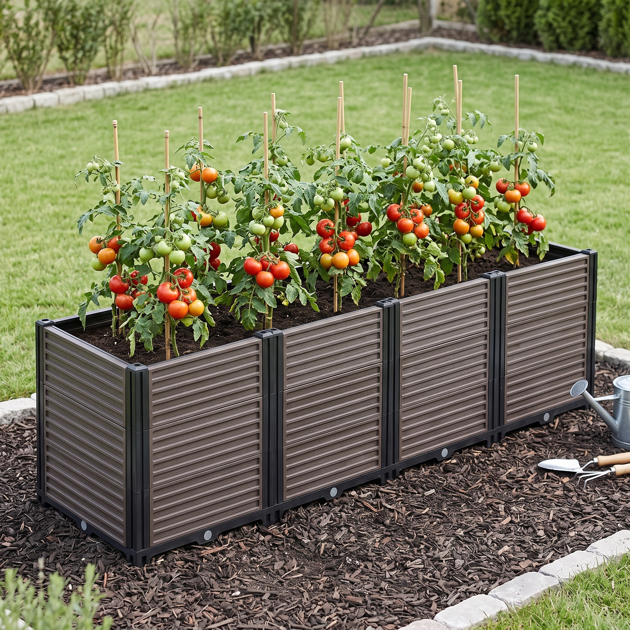 Aranżacja na ogrodzie skrzyni ogrodowej GROW BOX PLUS XL od Cultivo gdzie rosną pomidory