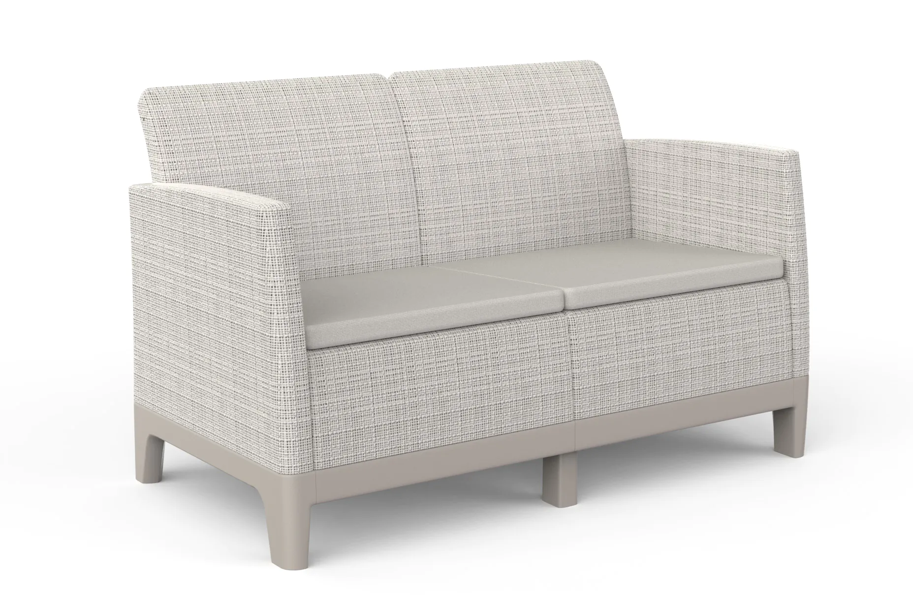 Zestaw mebli na taras Keter Scandi Forma Pebble Grey-Soft Beige/oat dwuosobowa sofa z szarymi poduszkami