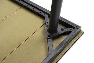 Przybliżenie na metalową podstawę stołu w zestawie jadalnianym NOVA DINING 6+1 Dark Grey - Focus Garden
