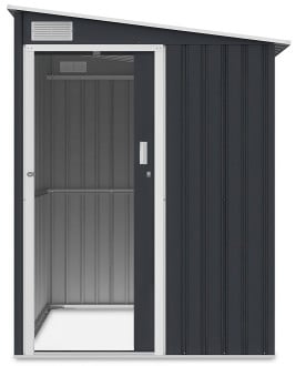 Zdjęcie ukazujące przód i wnętrze domku ogrodowego JASPER 150x194cm Hardmaister Cold Grey