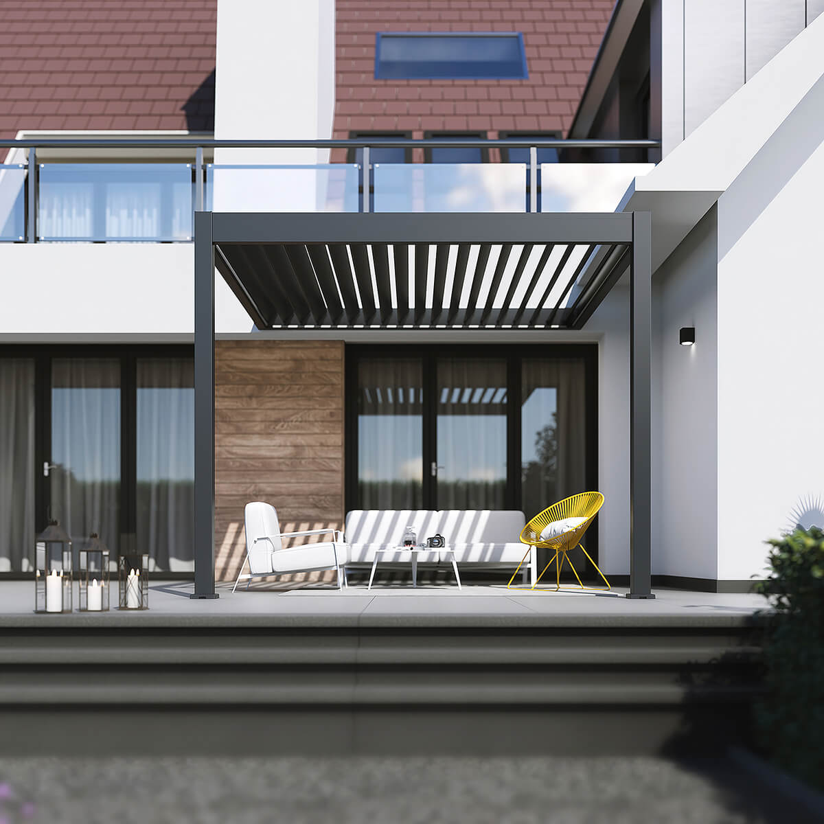 Wiosenna wizualizacja z widokiem na przód wodoodpornej pergoli na tarasie z meblami