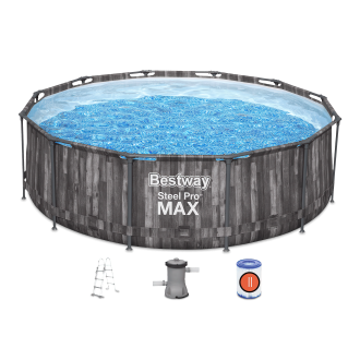 okrągły basen na stelażu w zestawie z drabiną, pompą oraz filtrem