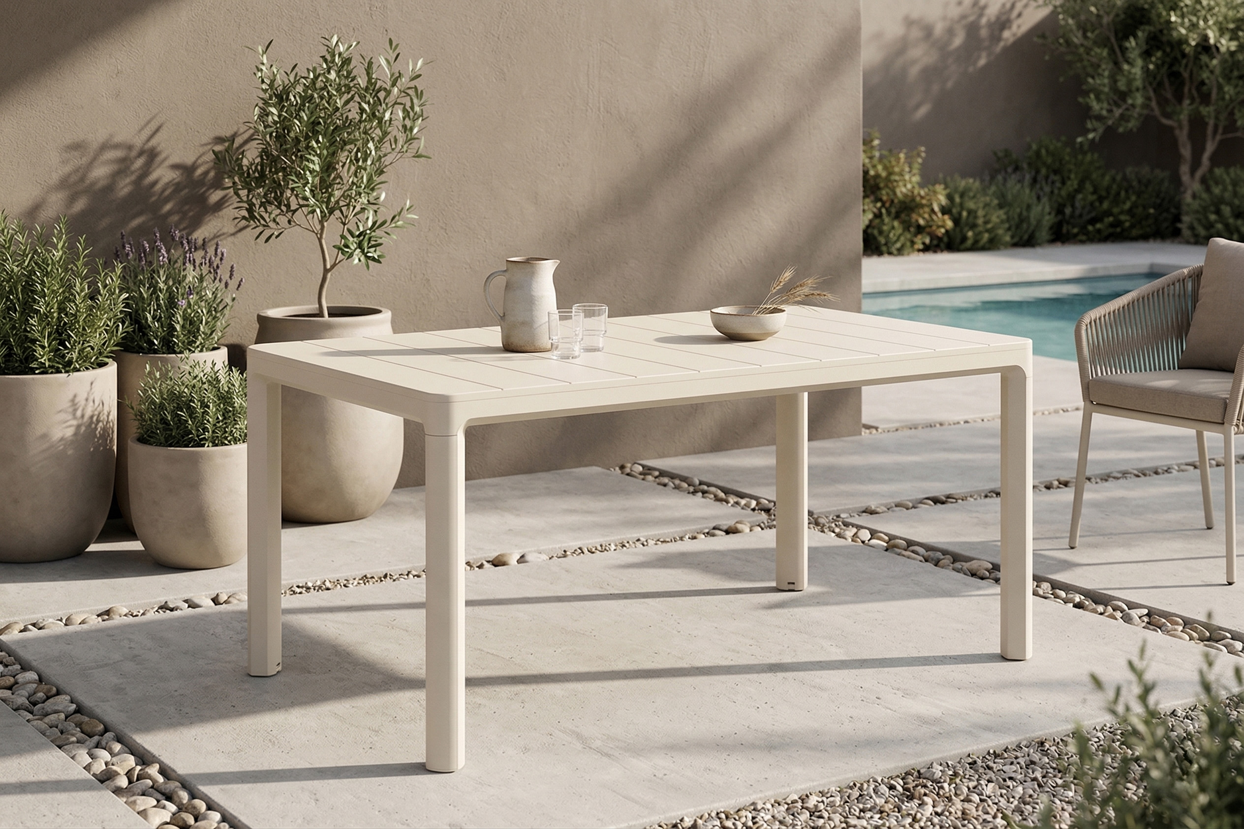 St&oacute;ł ogrodowy SCANDI DINING Soft Beige Keter z dzbankiem i kieliszkami na tarasowej aranżacji