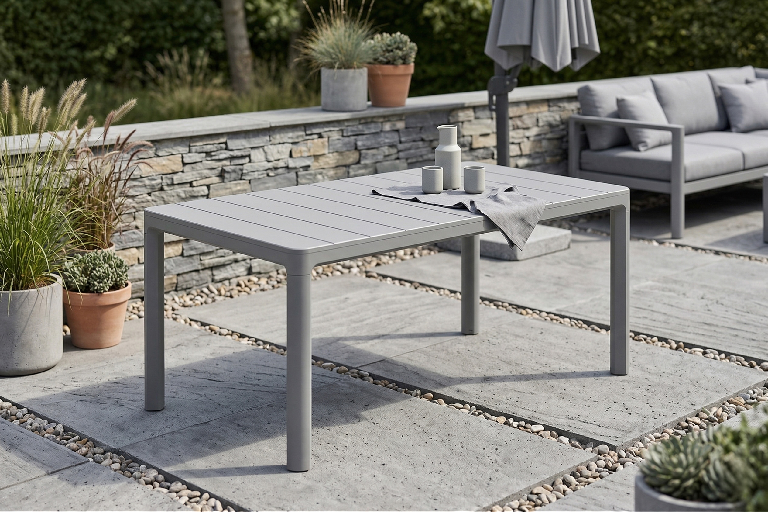 St&oacute;ł ogrodowy SCANDI DINING Storm grey Keter ustawiony na tarasie z kamiennym murem w tle
