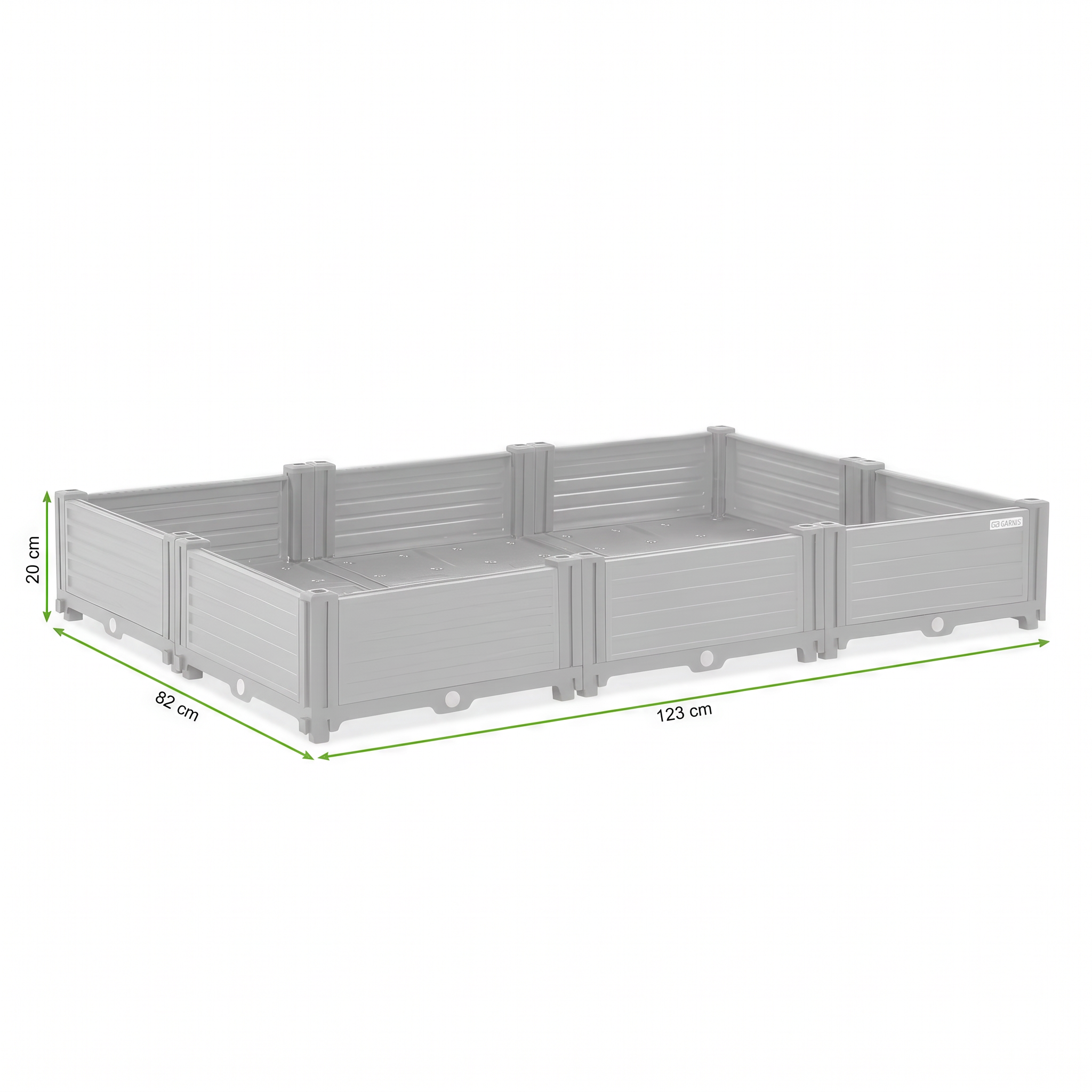 Szara skrzynia uprawowa GROW CUBE XL CULTIVO 123x82x17cm, grafika z wymiarami produktu