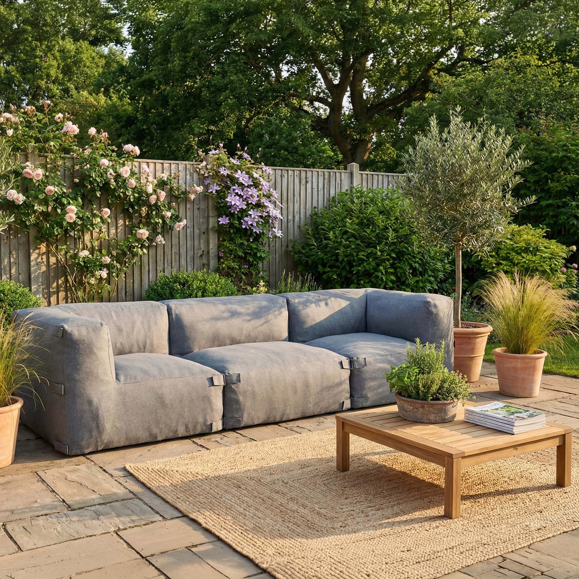 Szara sofa modułowa ogrodowa ustawiona na tarasie wśród zieleni
