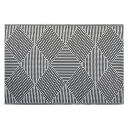 Szary dywan ogrodowy 180x270 cm z geometrycznym wzorem na czarnym tle
