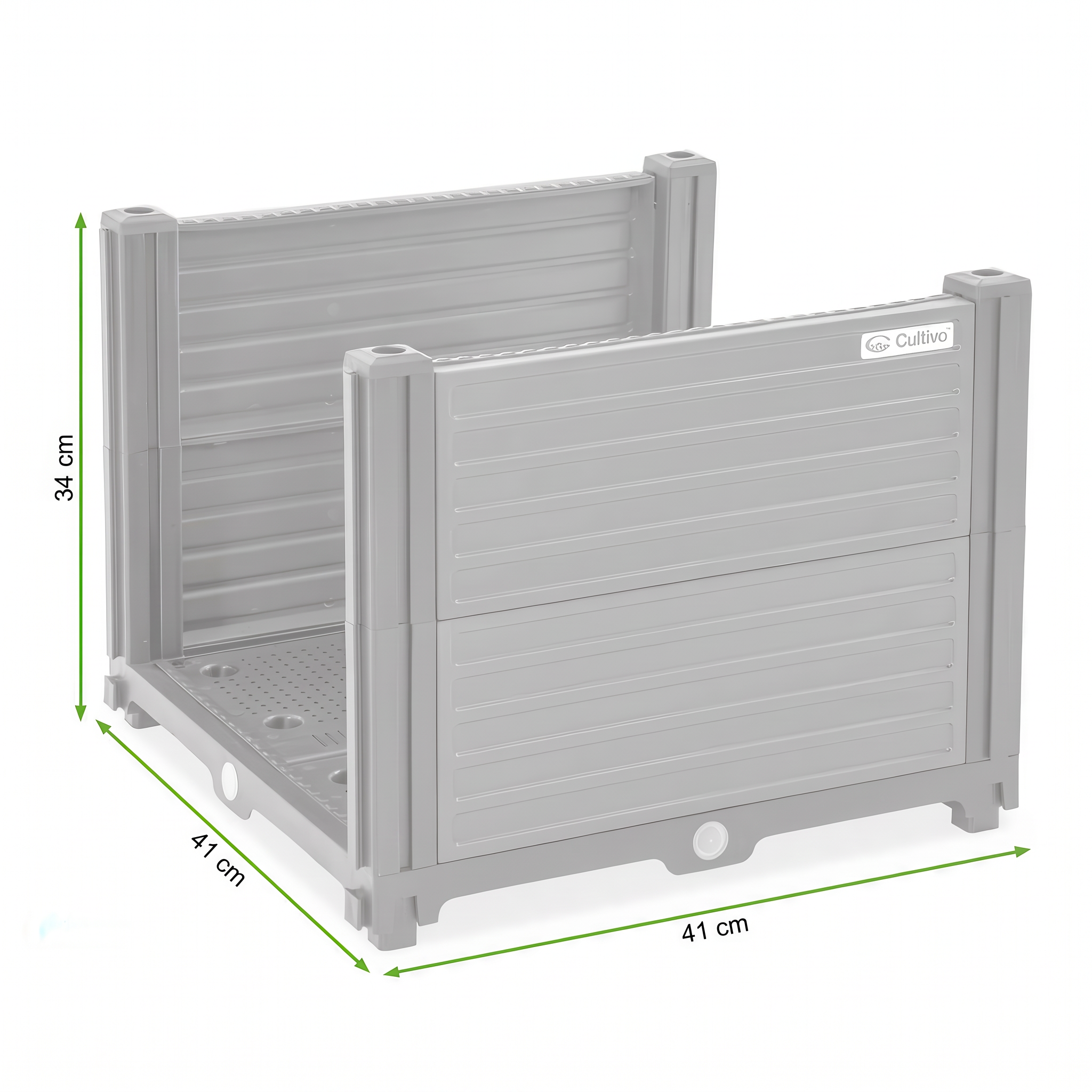Szary moduł dodatkowy do skrzyni uprawowej Cultivo GROW BOX KIT 41x41x31cm na grafice z wymiarami produktu