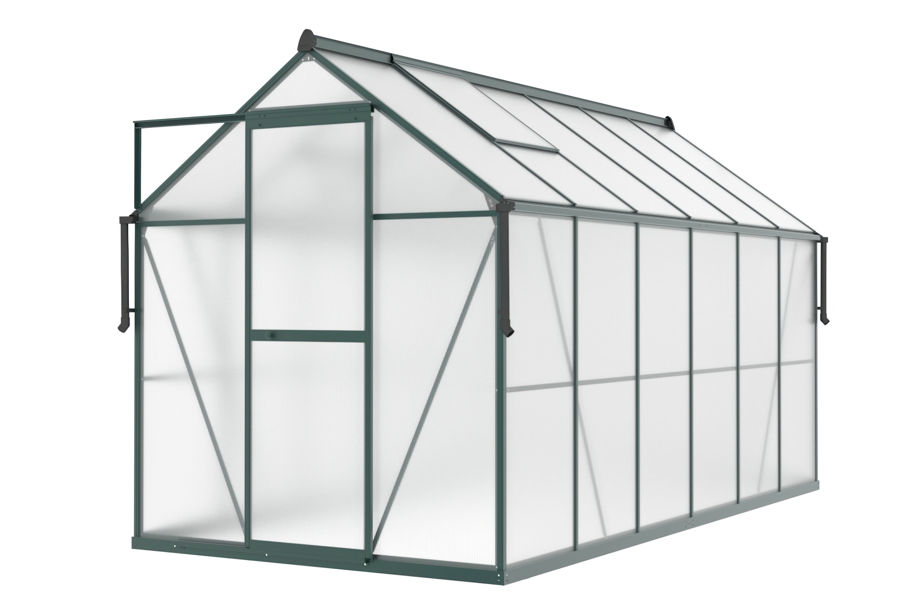 przód zielonej szklarni z poliwęglanu "slide in" z rozsuwanymi drzwiami, rynnami i oknami wentylacyjnymi w dachu