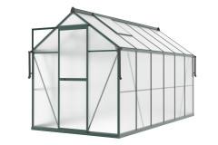 przód zielonej szklarni z poliwęglanu "slide in" z rozsuwanymi drzwiami, rynnami i oknami wentylacyjnymi w dachu