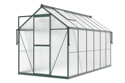 przód zielonej szklarni z poliwęglanu "slide in" z rozsuwanymi drzwiami, rynnami i oknami wentylacyjnymi w dachu