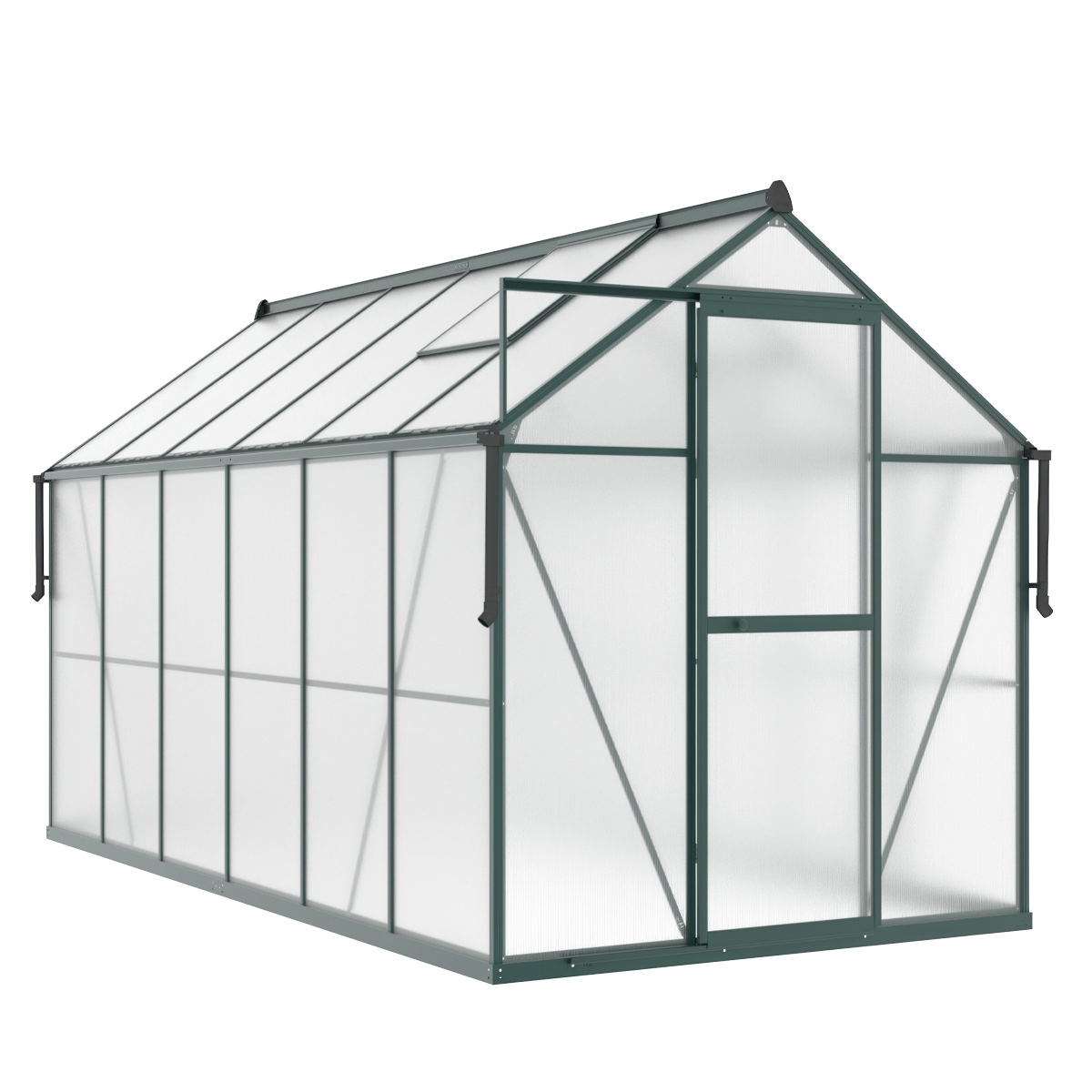 aranżacja ciemno zielonej szklarni "slide in" przed domem