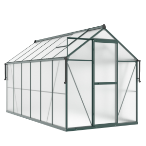 aranżacja ciemno zielonej szklarni "slide in" przed domem