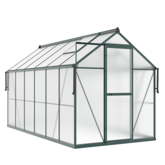 aranżacja ciemno zielonej szklarni "slide in" przed domem