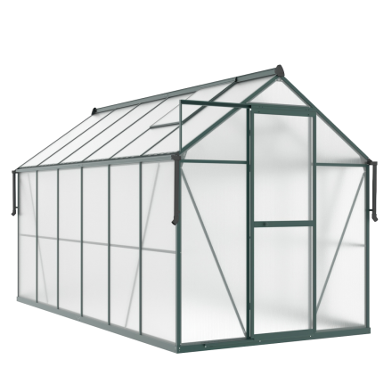 aranżacja ciemno zielonej szklarni "slide in" przed domem