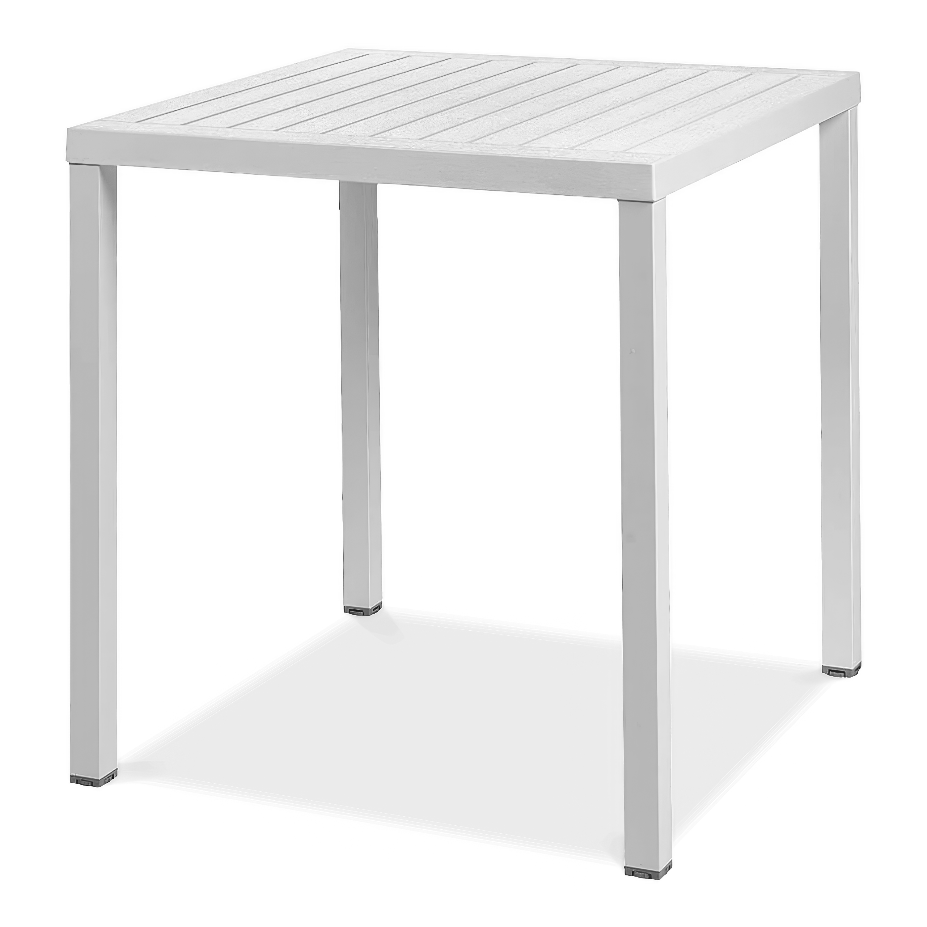 Kwadratowy stół ogrodowy z białym aluminiowym blatem lamelowym i prostymi nogami