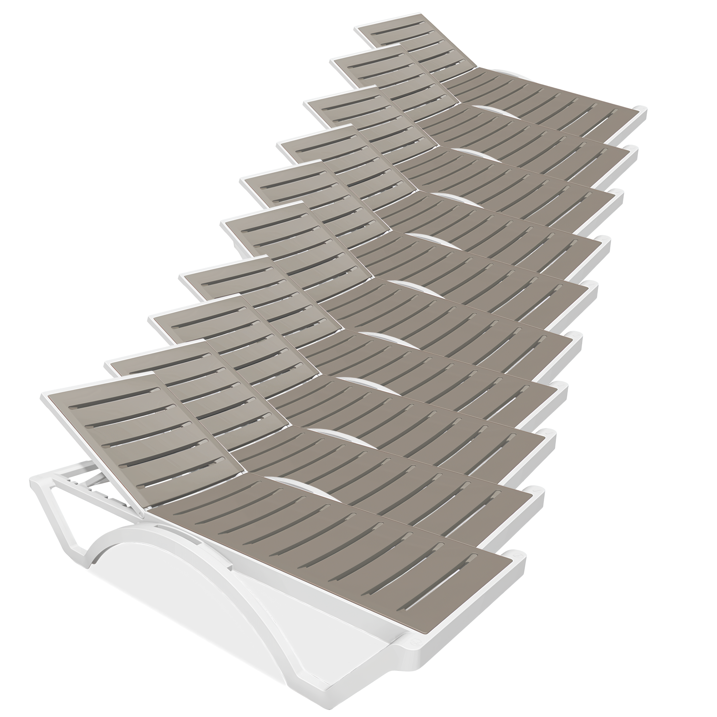 Dziesięć biało-brązowych leżaków ogrodowych LOMBOK wykonanych z wytrzymałego polipropylenu