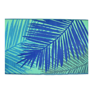 dywan na taras w kolorze niebieskim z liśćmi palm