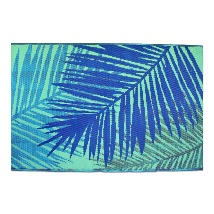dywan na taras w kolorze niebieskim z liśćmi palm