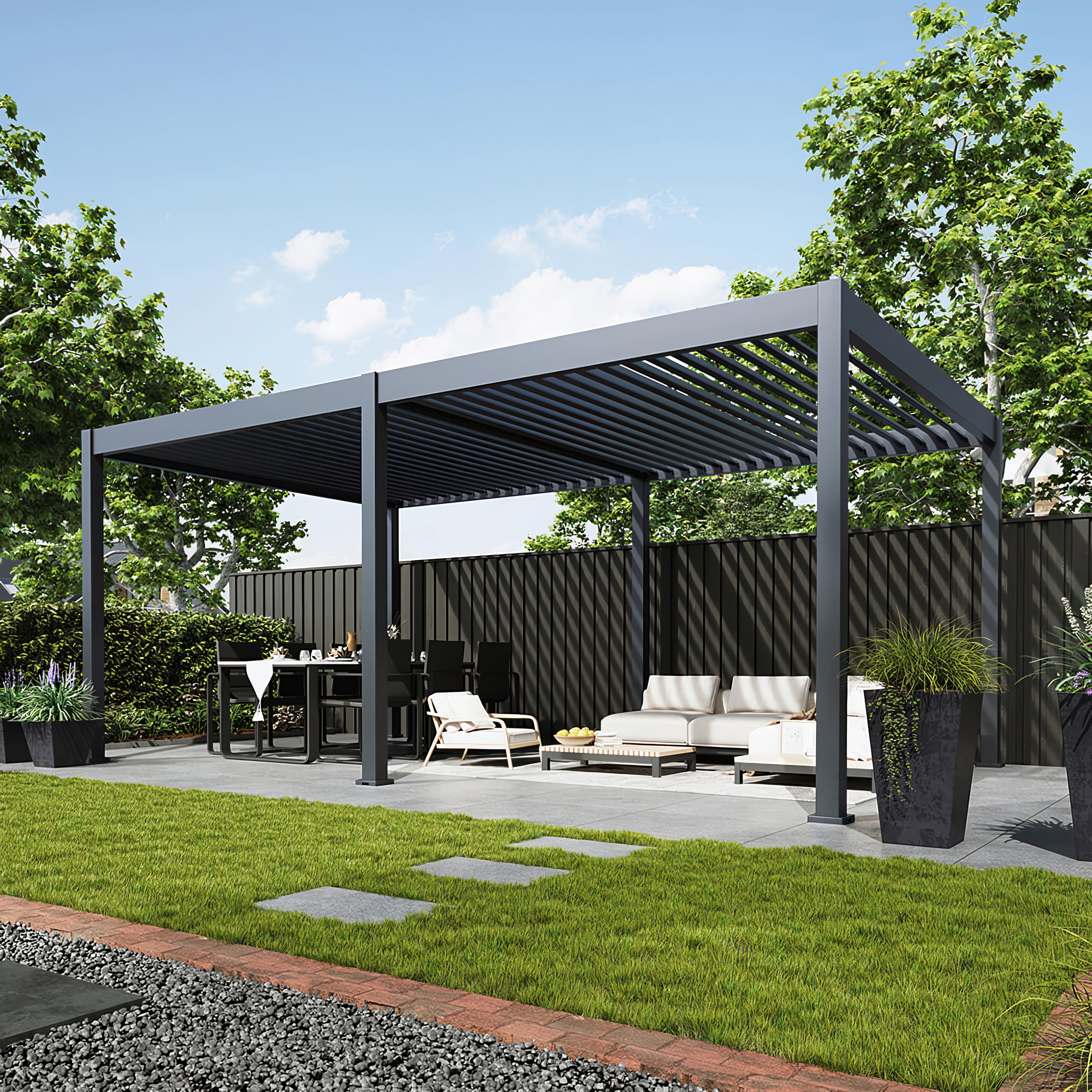 Pergola tarasowa Deluxe Automatic+LED 3.6x6 w kolorze antracytowym w ogrodzie