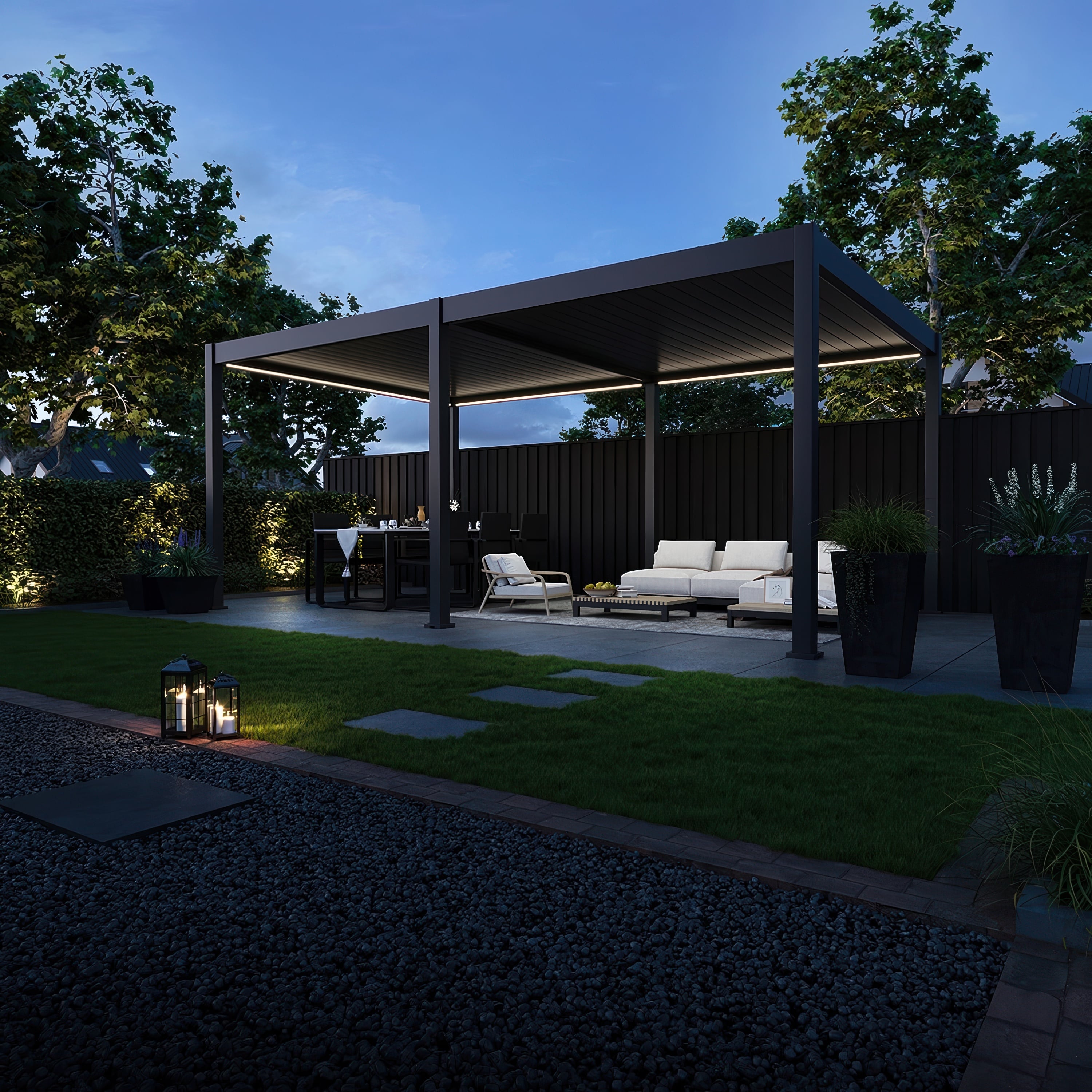 Pergola tarasowa Deluxe Automatic+LED 3.6x6 antracytowa oświetlona w wieczornej scenerii.