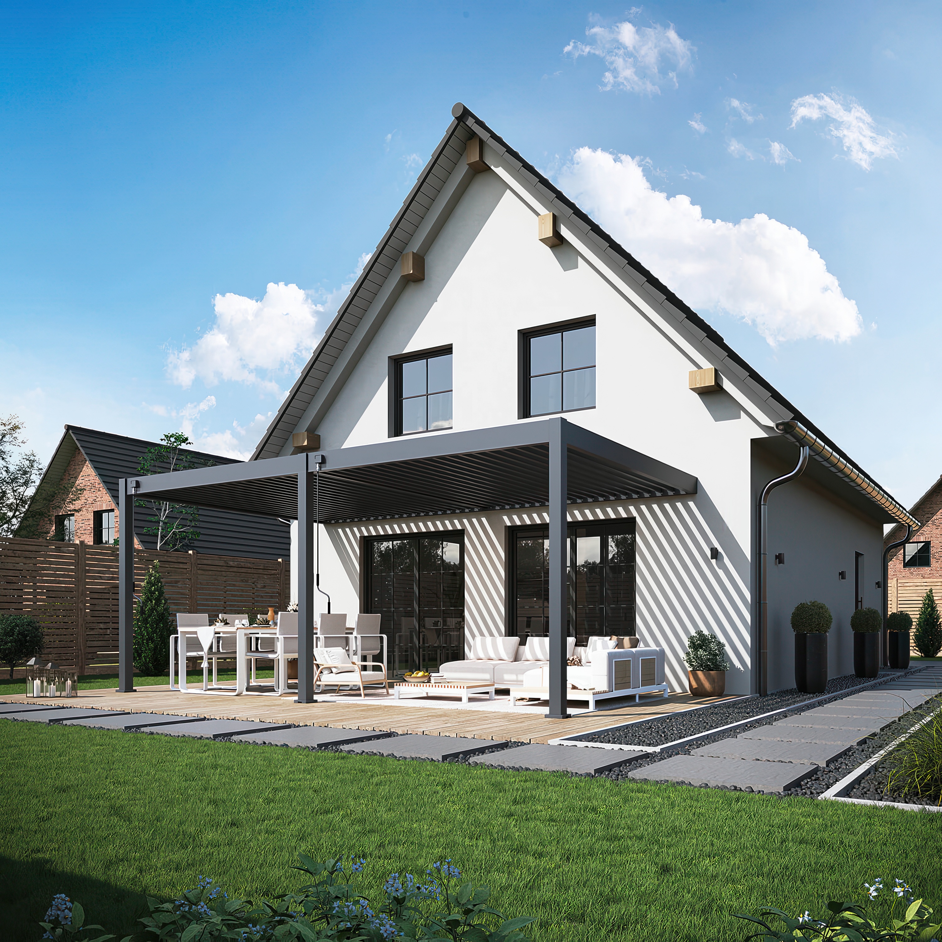 Pergola tarasowa DELUXE WALL 3.6x6 w kolorze antracytowym, ustawiona na przestronnym tarasie przed nowoczesnym domem.