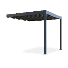 Wiosenna wizualizacja z widokiem na przód wodoodpornej pergoli na tarasie z meblami