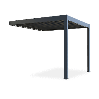 Wiosenna wizualizacja z widokiem na przód wodoodpornej pergoli na tarasie z meblami