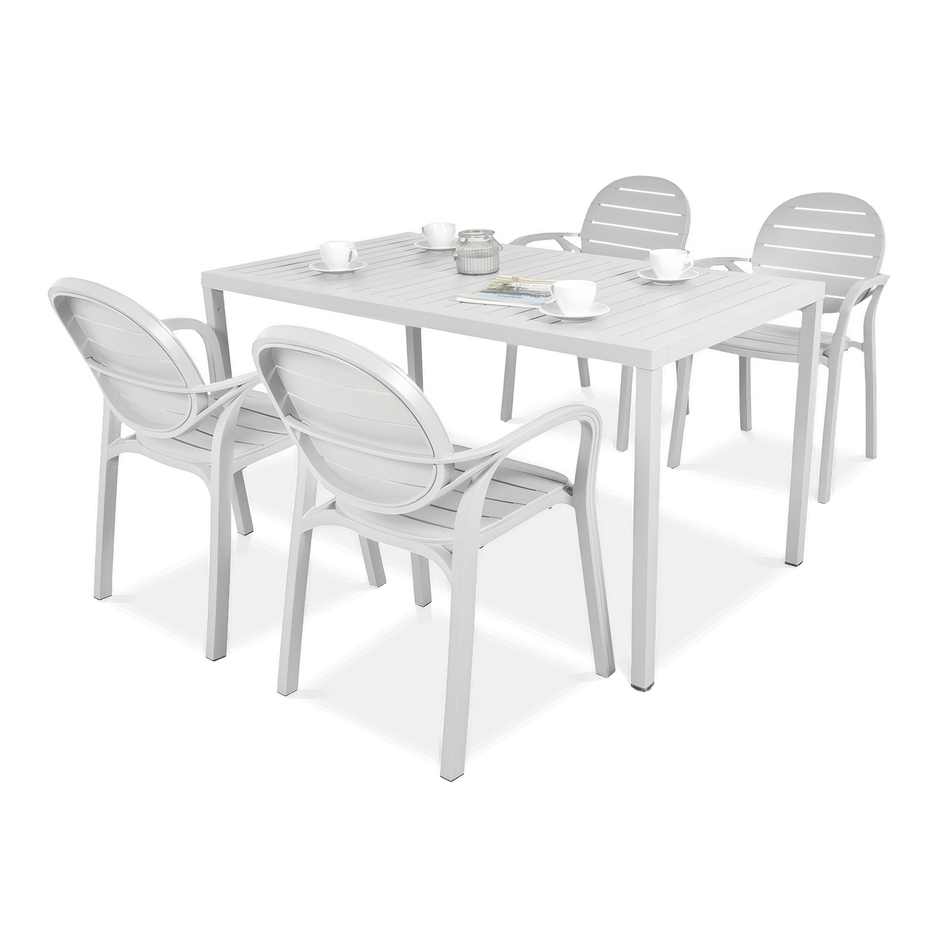biały zestaw tarasowy z krzesłami i stołem