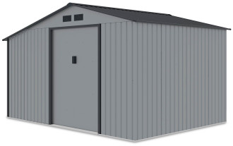 Widok na przednią ścianę domku narzędziowego MADISON 342x191cm Light Grey