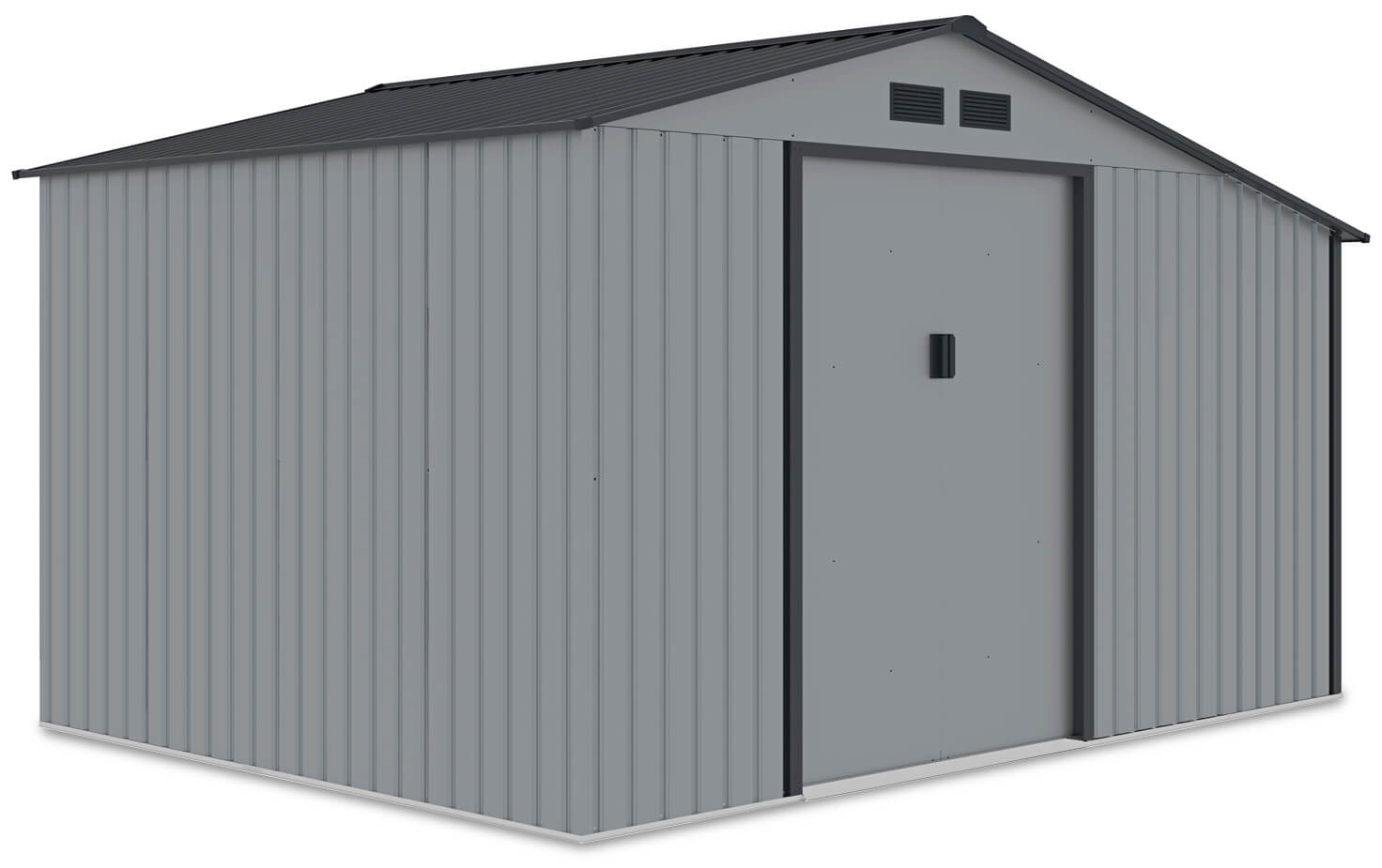 Widok na przód i wnętrze domku narzędziowego MADISON 342x191cm Light Grey