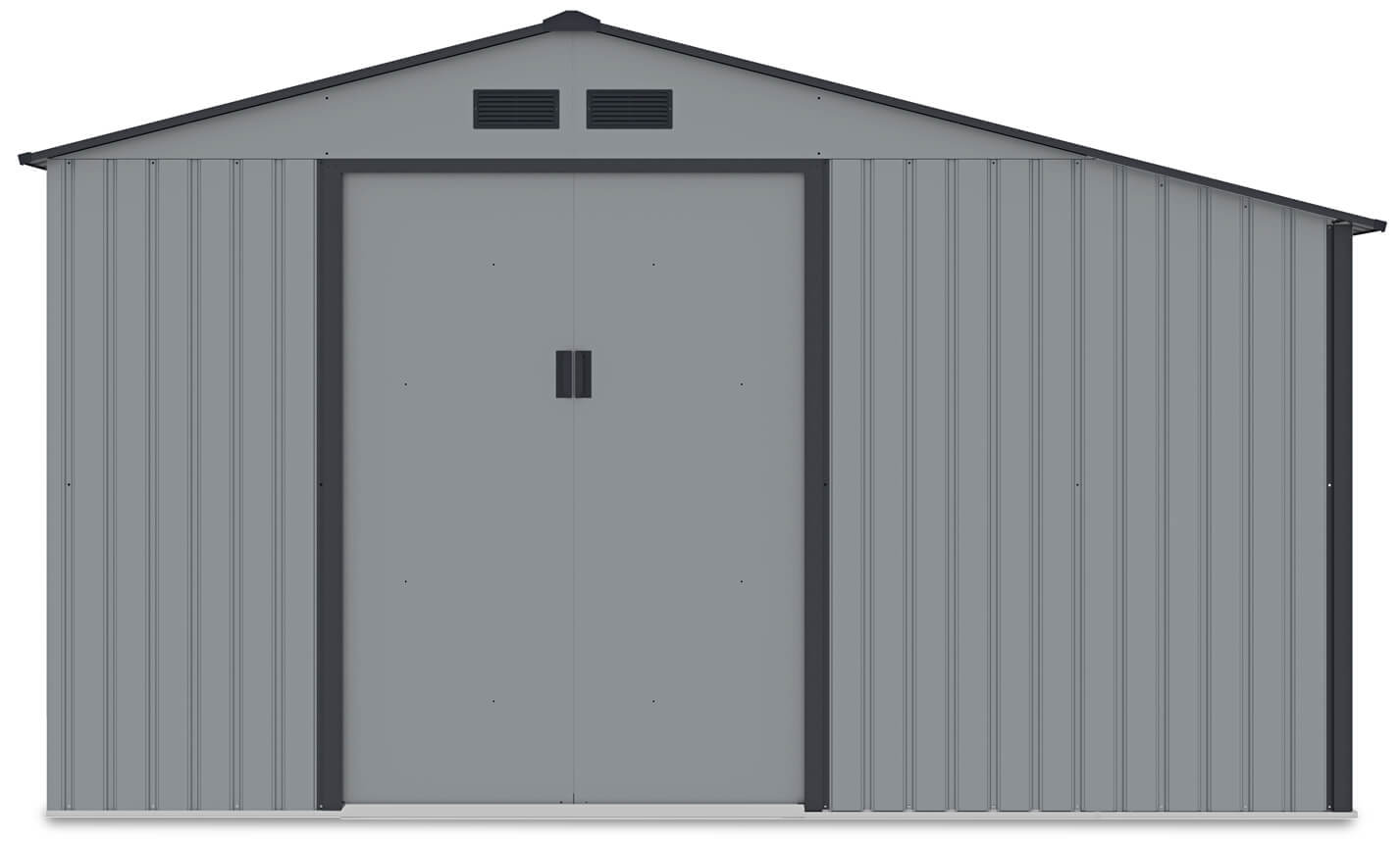 Widok na przód i wnętrze domku narzędziowego MADISON 342x191cm Light Grey