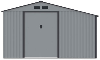 Widok na przód i wnętrze domku narzędziowego MADISON 342x191cm Light Grey