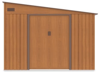 Zdjęcie pokazujące prz&oacute;d domku narzędziowego JASPER_279x321_cm_Oak_Brown z dachem pochylonym na prawo