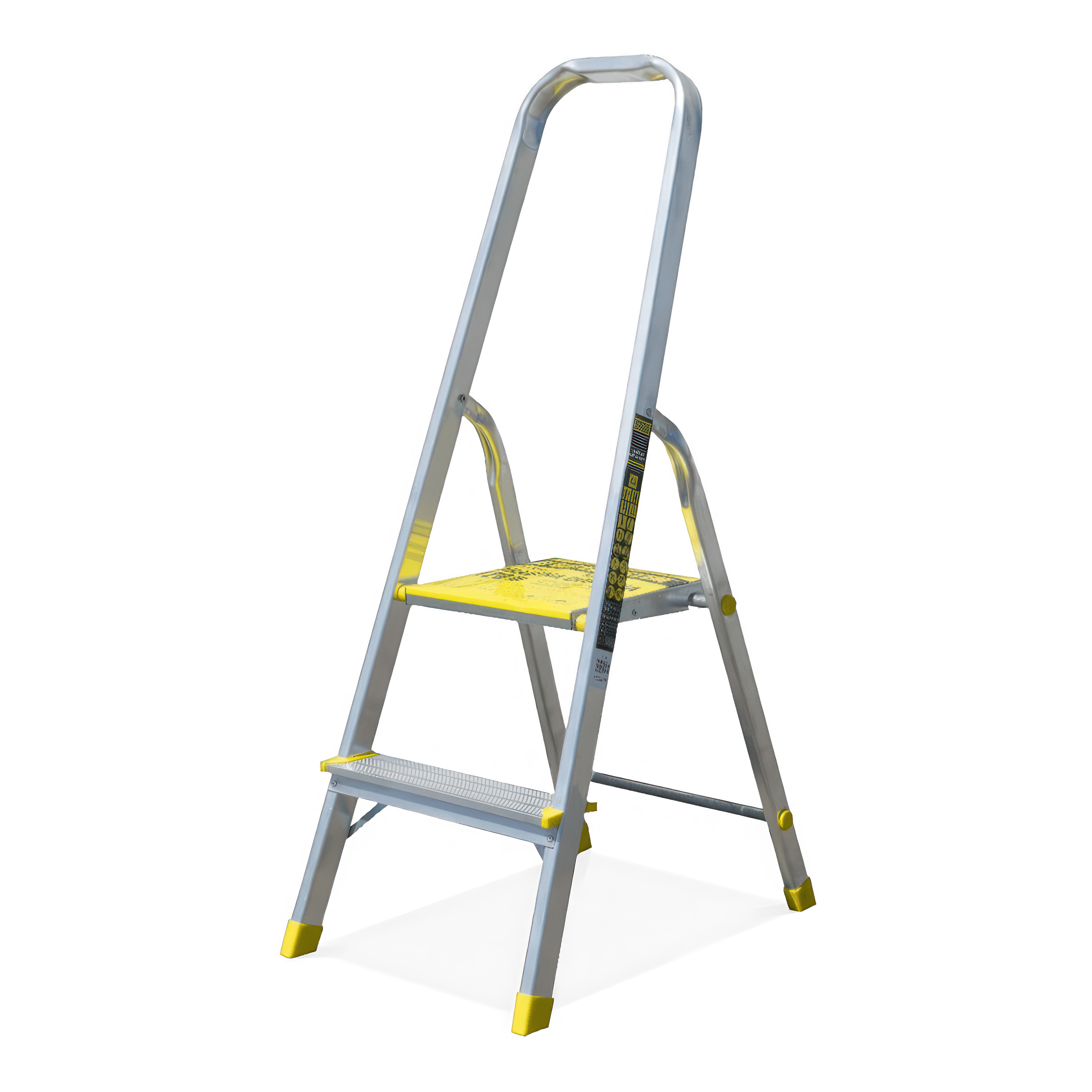 dwustopniowa drabina aluminiowa z żółtymi elementami 