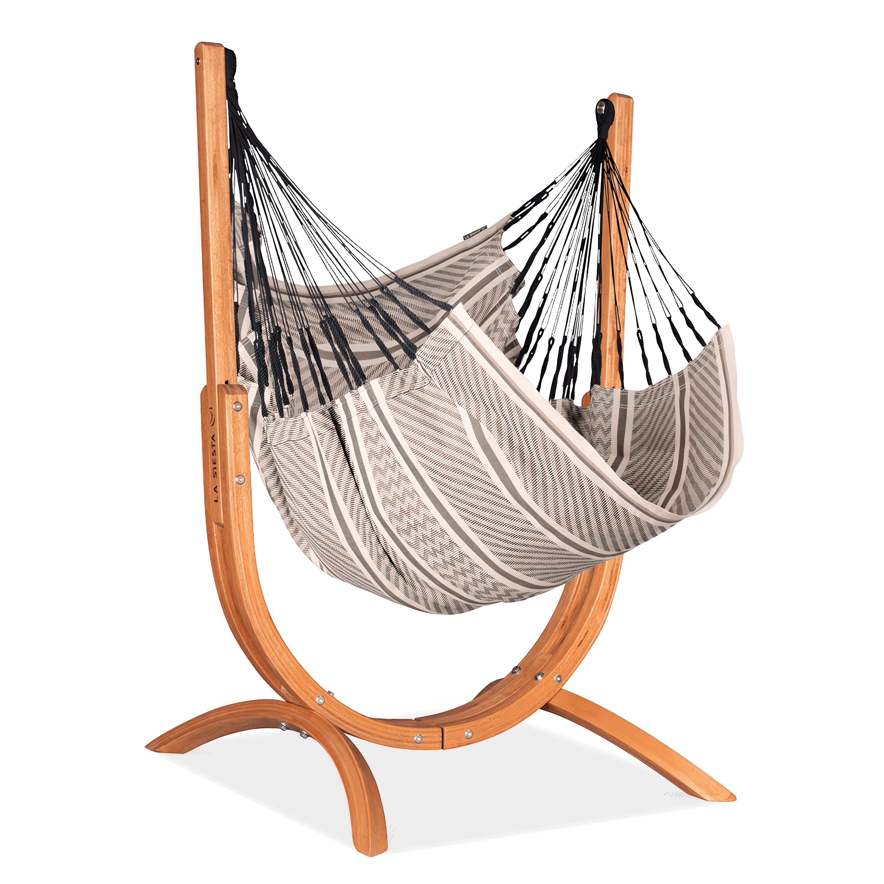 Szary fotel hamakowy do ogrodu z drewnianym stojakiem