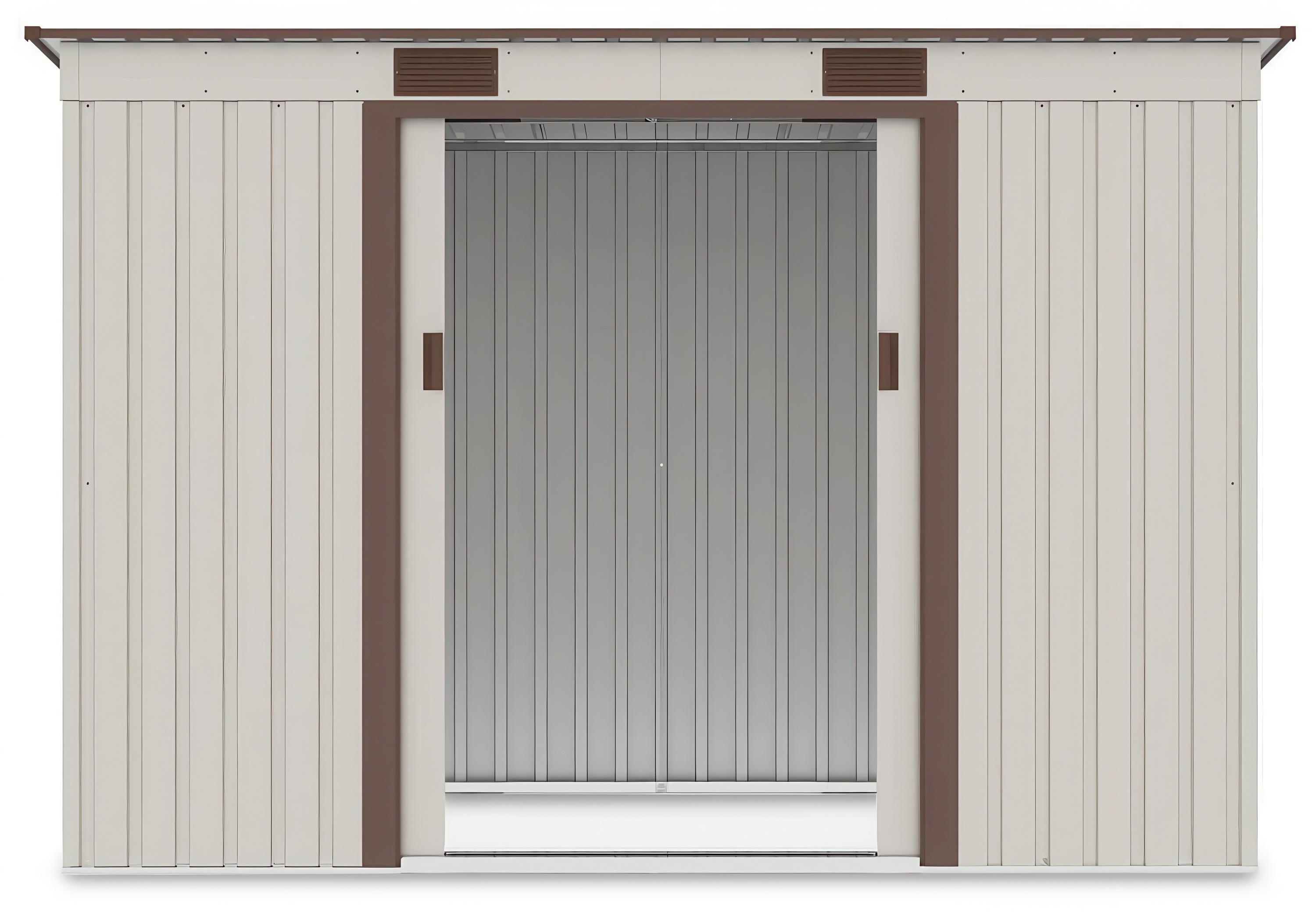 Widok na wnętrze domku narzędziowego OREGON 261x121cm Beige przez otwarte drzwi
