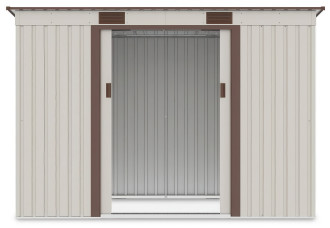 Widok na wnętrze domku narzędziowego OREGON 261x121cm Beige przez otwarte drzwi