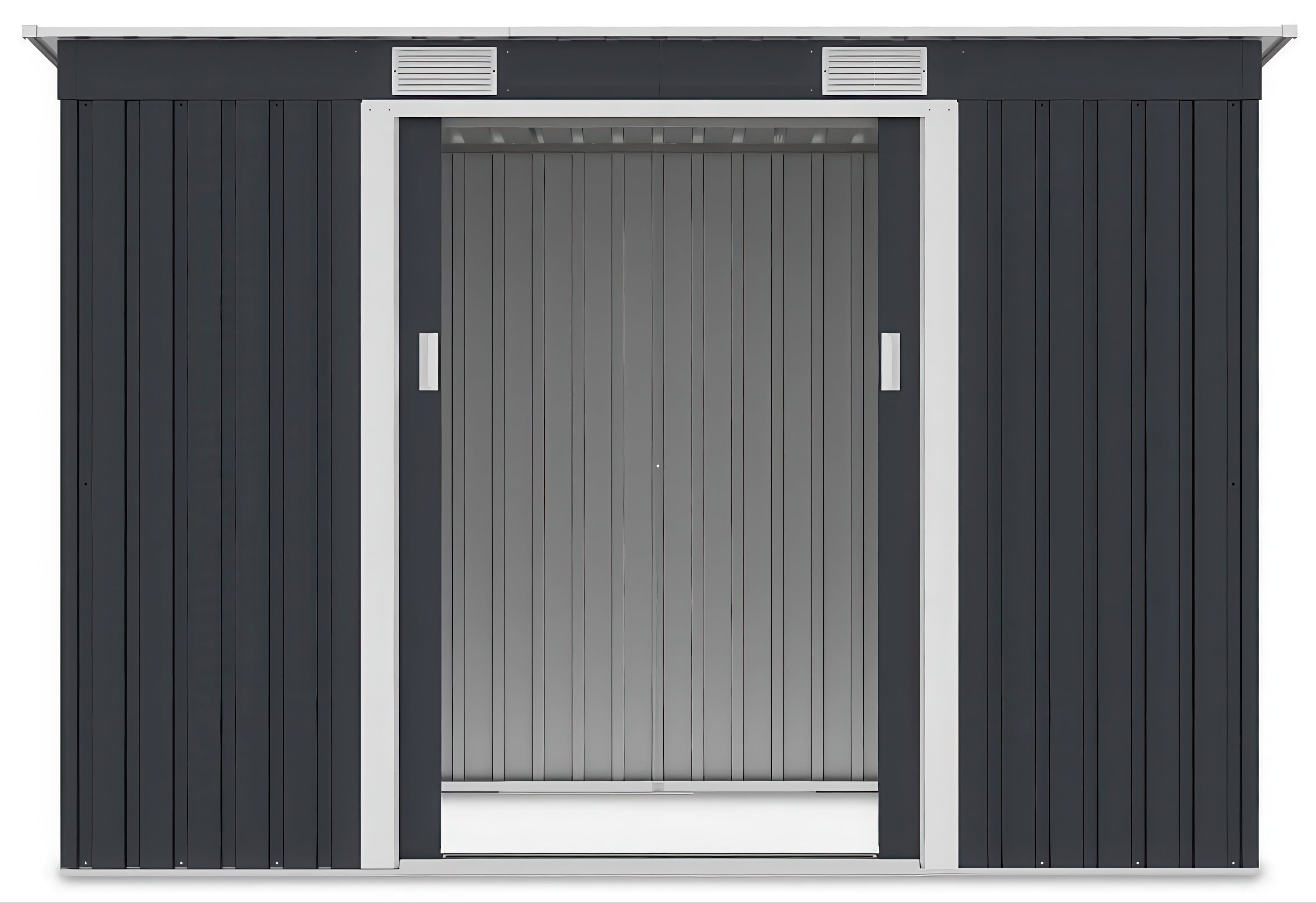 Widok na wnętrze domku narzędziowego OREGON 261x121cm Cold Grey przez otwarte drzwi
